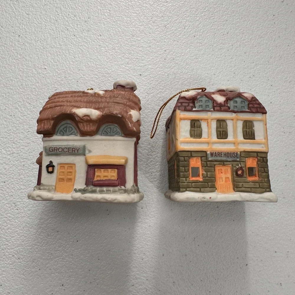Vintage Porcelain Christmas Village House Bell Ornaments Set‎ 2 Pieces 1990